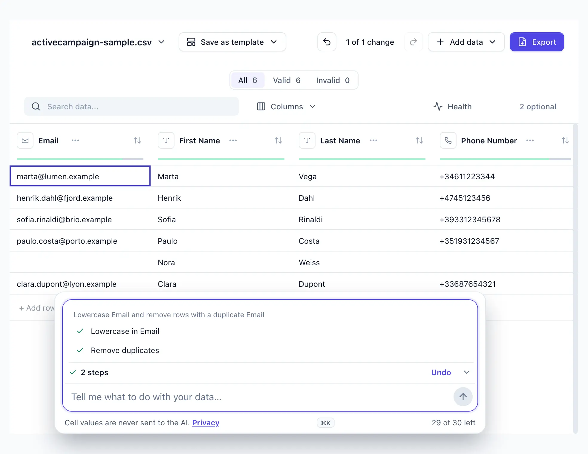 “Lowercase Email and remove rows with a duplicate Email” typed into DocTransform; two steps applied, one Email lowercased, one duplicate row removed; Undo shown