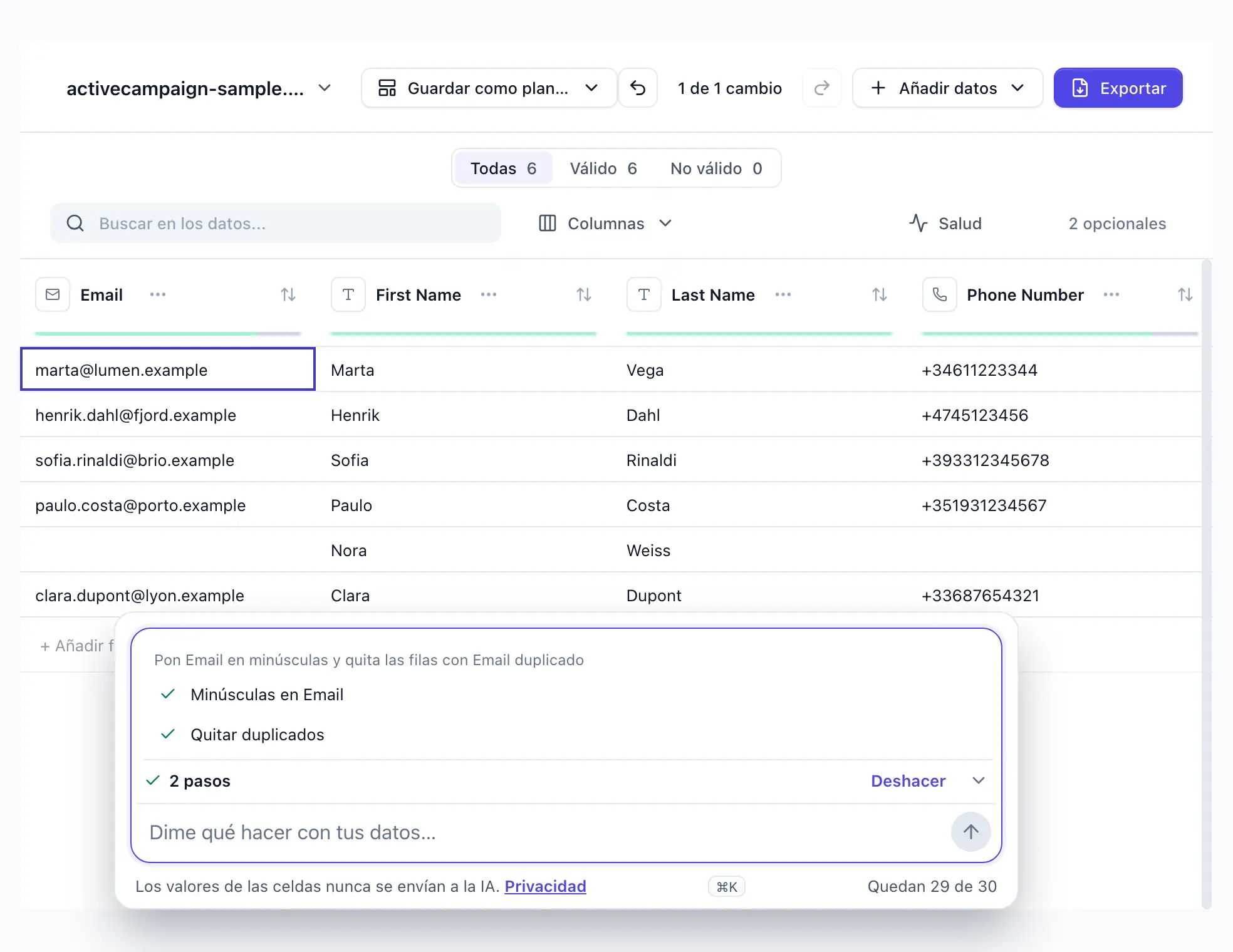 “Pon Email en minúsculas y quita las filas con Email duplicado” escrita en DocTransform; dos pasos aplicados, un Email en minúsculas, una fila duplicada eliminada; Deshacer visible