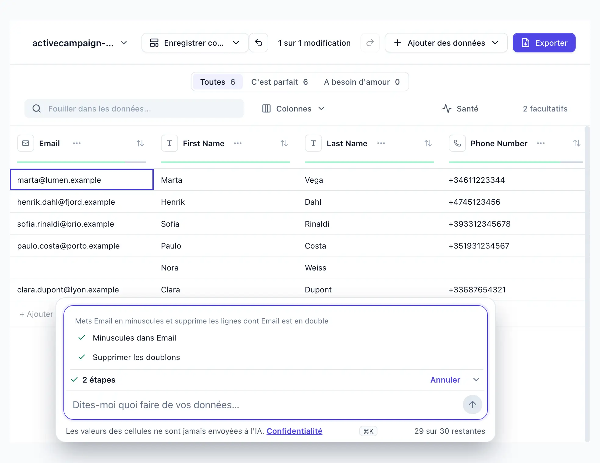“Mets Email en minuscules et supprime les lignes dont Email est en double” saisie dans DocTransform ; deux étapes appliquées, un Email en minuscules, une ligne en double supprimée ; Annuler affiché