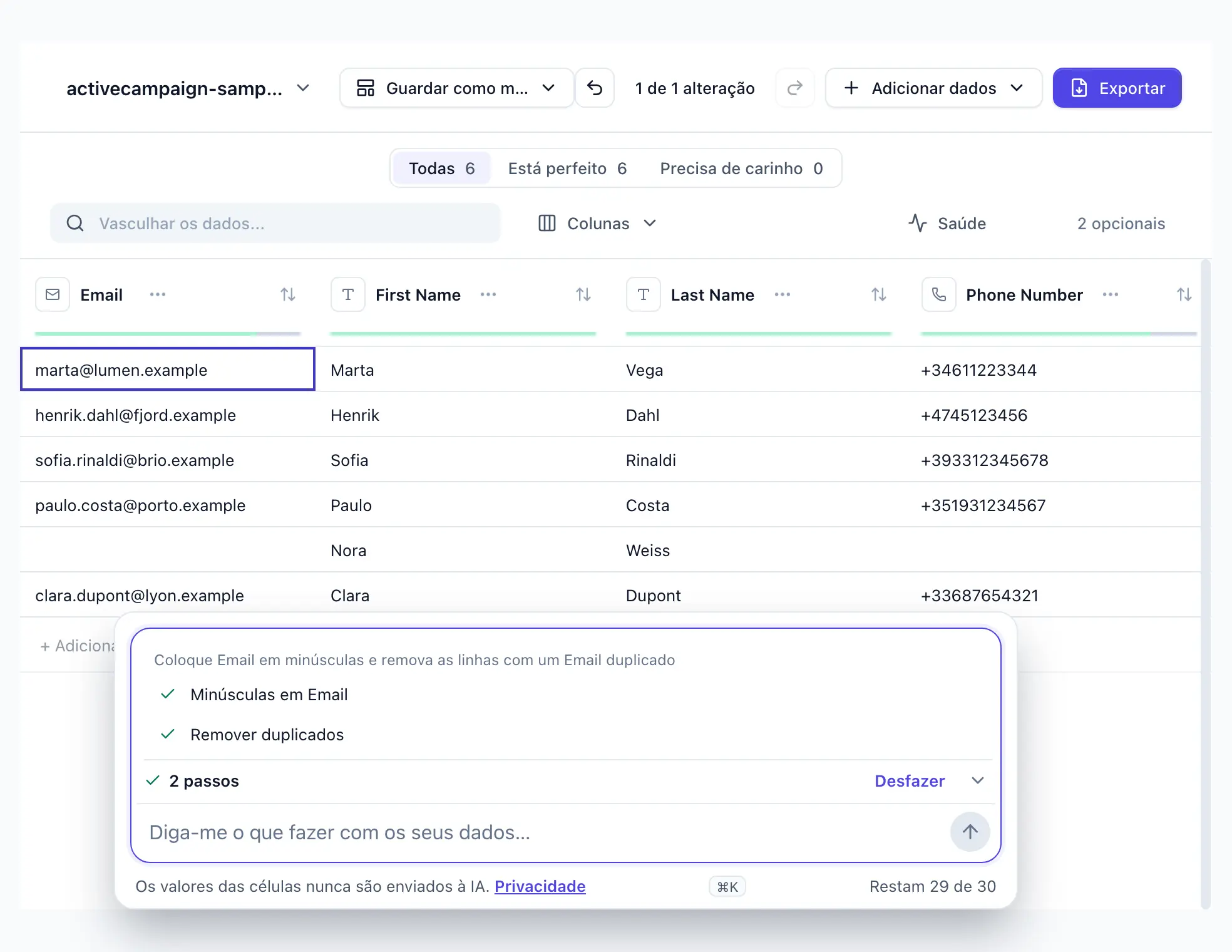“Coloque Email em minúsculas e remova as linhas com um Email duplicado” digitada no DocTransform; dois passos aplicados, um Email em minúsculas, uma linha duplicada removida; Desfazer visível