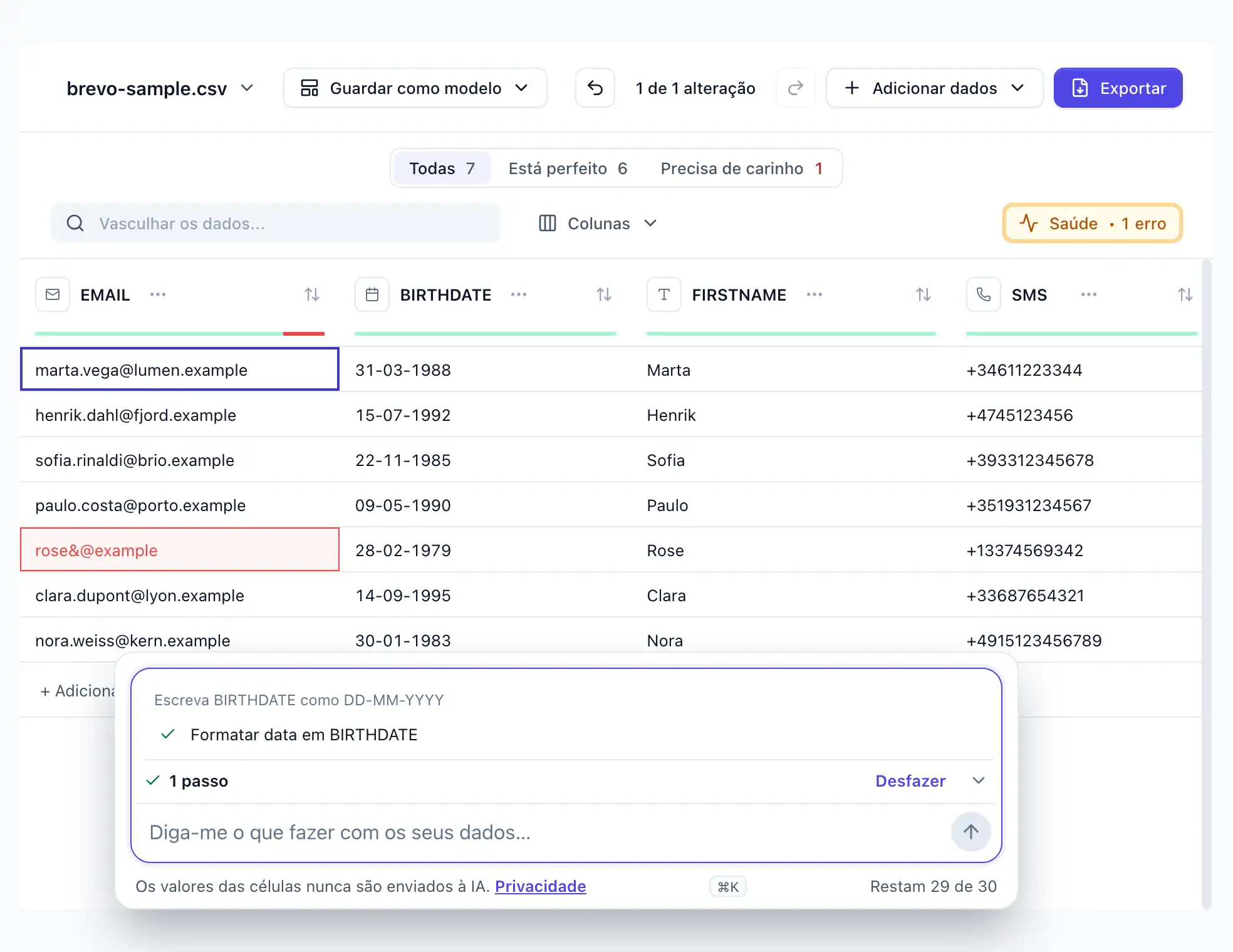 “Escreva BIRTHDATE como DD-MM-YYYY” digitada no DocTransform; um passo aplicado, sete datas de BIRTHDATE reescritas; Desfazer visível