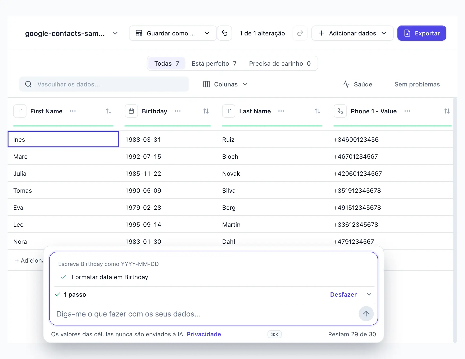 “Escreva Birthday como YYYY-MM-DD” digitada no DocTransform; um passo aplicado, sete datas de Birthday reescritas; Desfazer visível