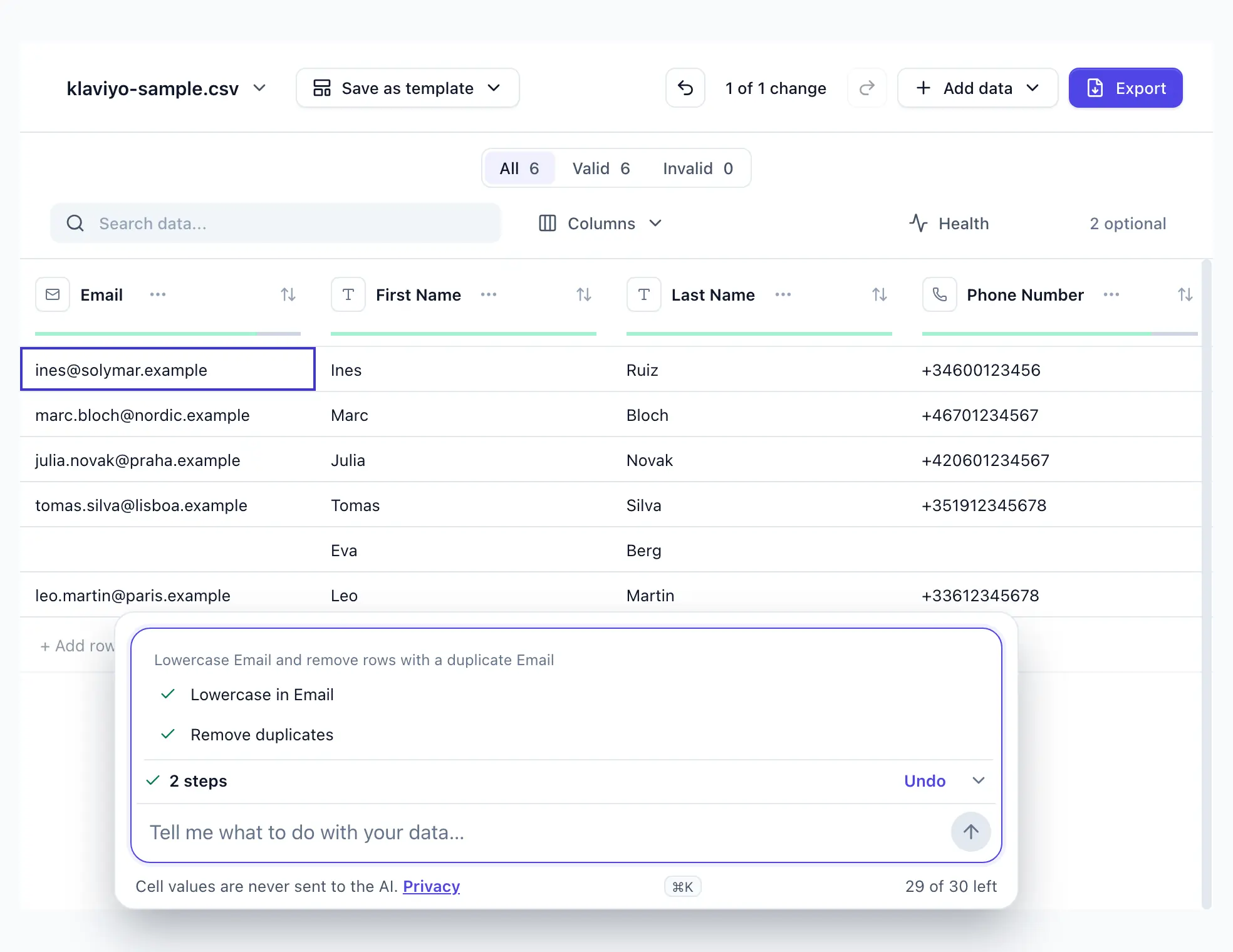 “Lowercase Email and remove rows with a duplicate Email” typed into DocTransform; two steps applied, one Email lowercased, one duplicate row removed; Undo shown