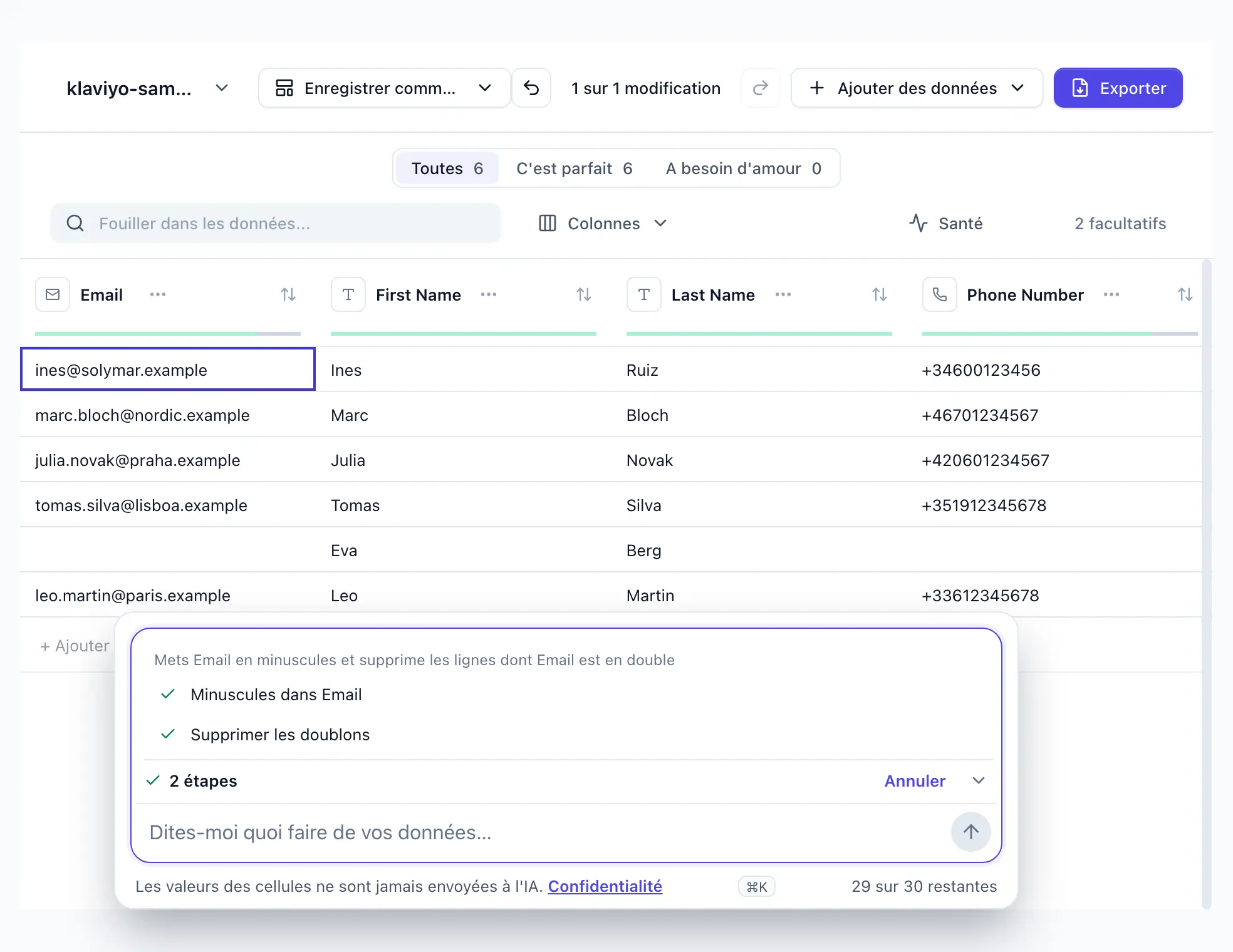 “Mets Email en minuscules et supprime les lignes dont Email est en double” saisie dans DocTransform ; deux étapes appliquées, un Email en minuscules, une ligne en double supprimée ; Annuler affiché