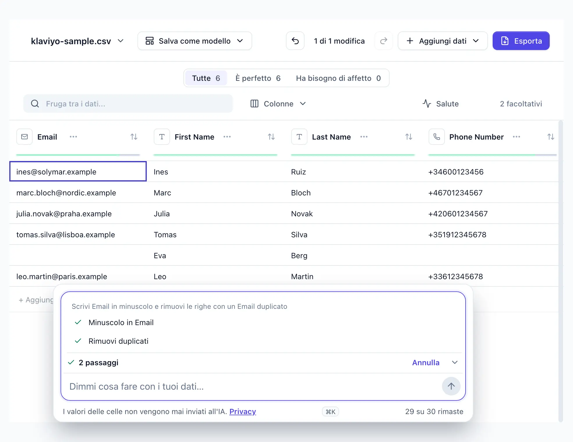 “Scrivi Email in minuscolo e rimuovi le righe con un Email duplicato” scritta in DocTransform; due passaggi applicati, un Email in minuscolo, una riga duplicata rimossa; Annulla visibile
