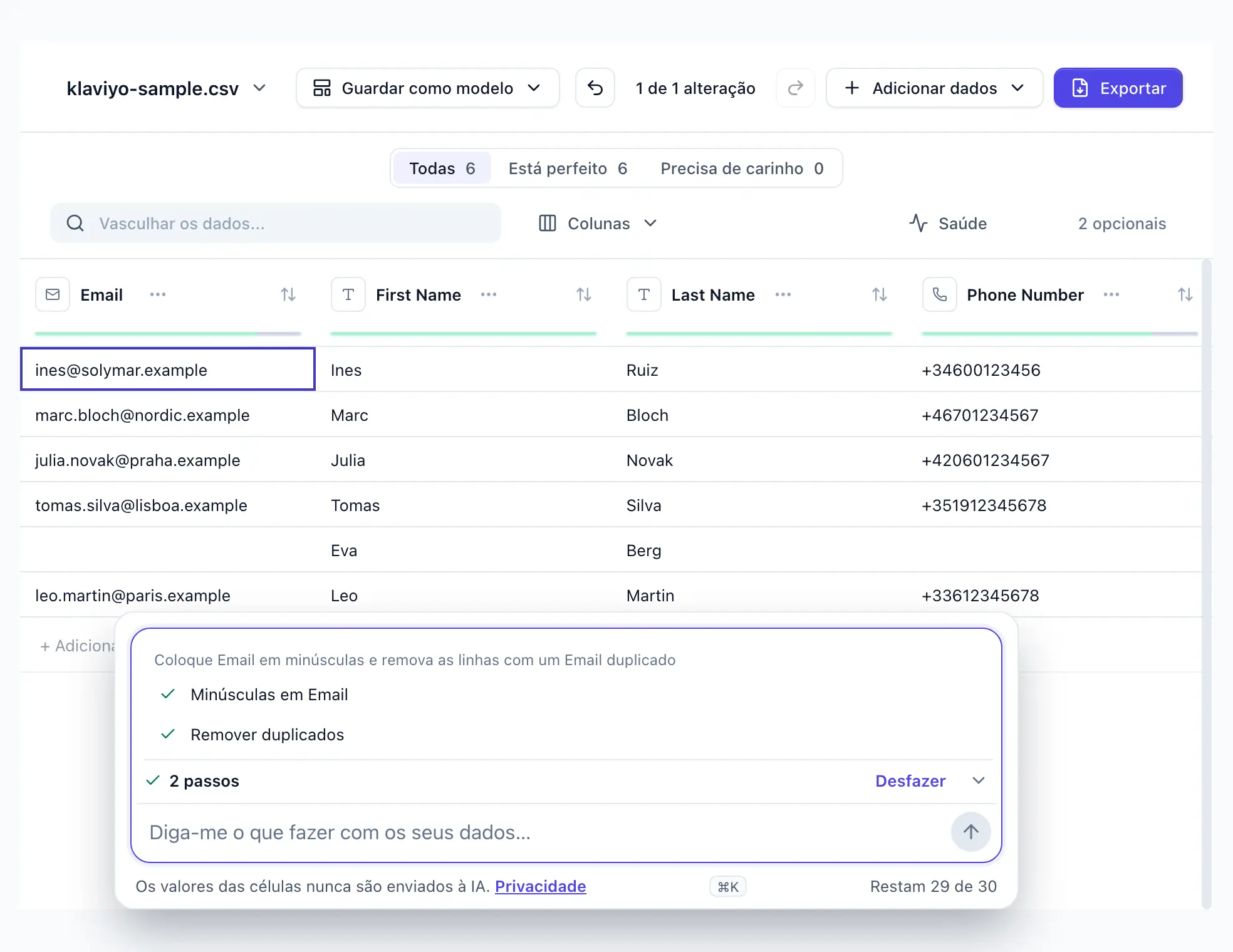 “Coloque Email em minúsculas e remova as linhas com um Email duplicado” digitada no DocTransform; dois passos aplicados, um Email em minúsculas, uma linha duplicada removida; Desfazer visível
