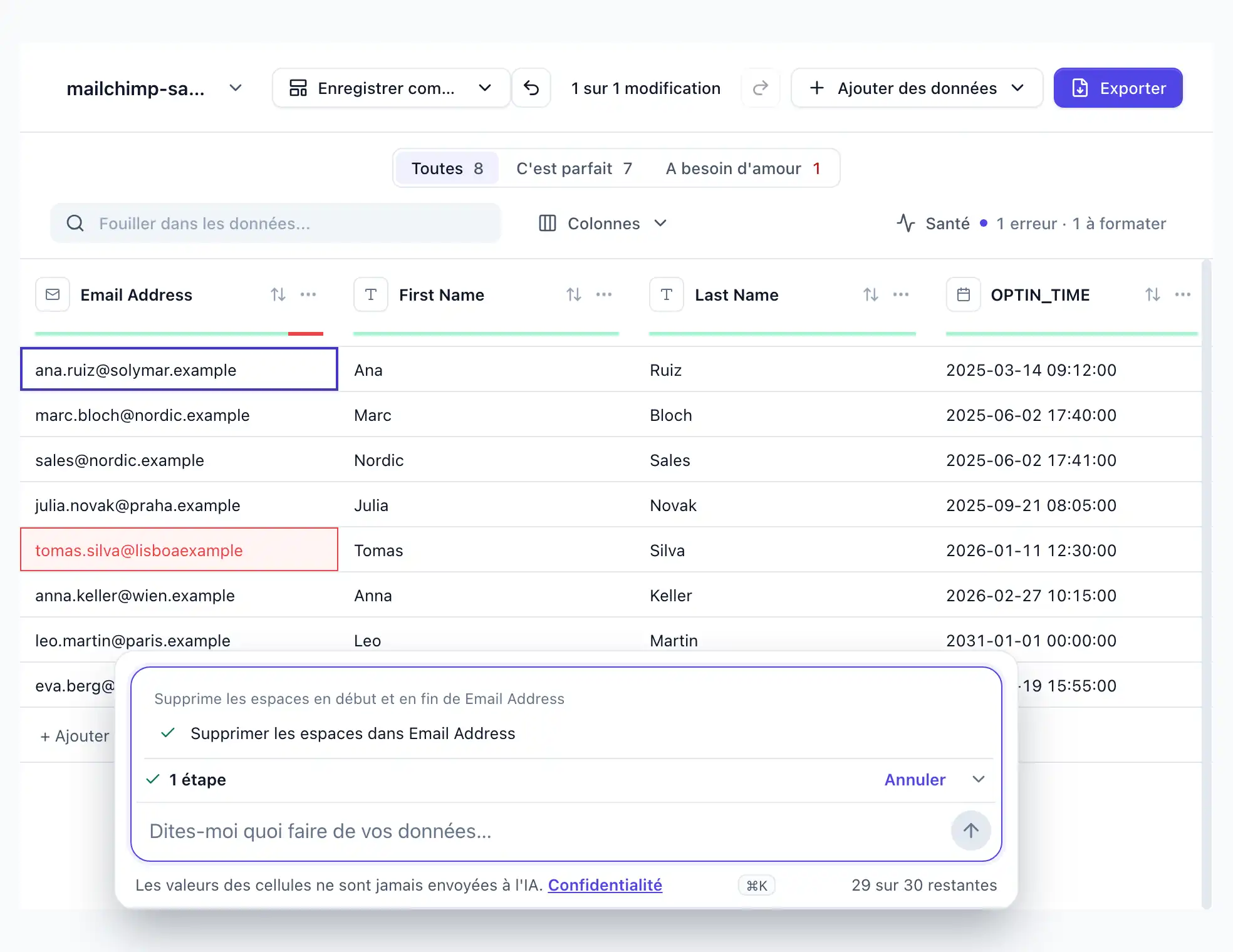 “Supprime les espaces en début et en fin de Email Address” saisie dans DocTransform ; une étape appliquée, deux cellules d’Email Address nettoyées ; Annuler affiché