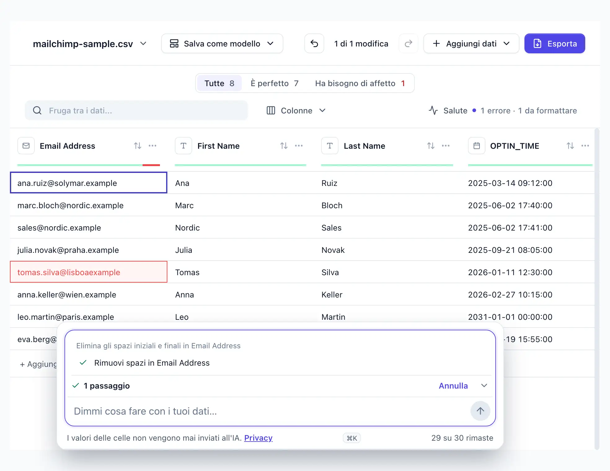 “Elimina gli spazi iniziali e finali in Email Address” scritta in DocTransform; un passaggio applicato, due celle di Email Address ripulite; Annulla visibile