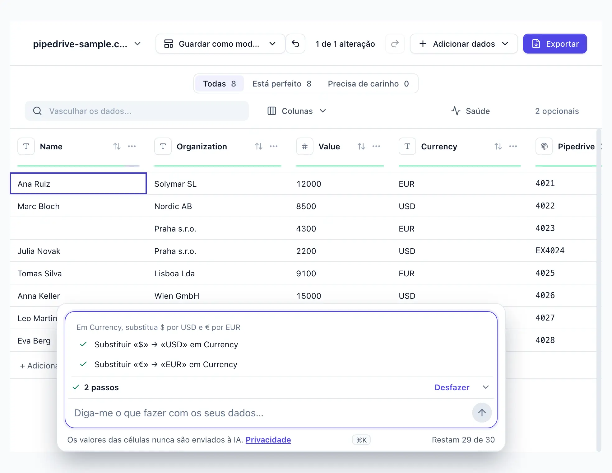 “Em Currency, substitua $ por USD e € por EUR” digitada no DocTransform; dois passos aplicados, cinco células de Currency reescritas; Desfazer visível