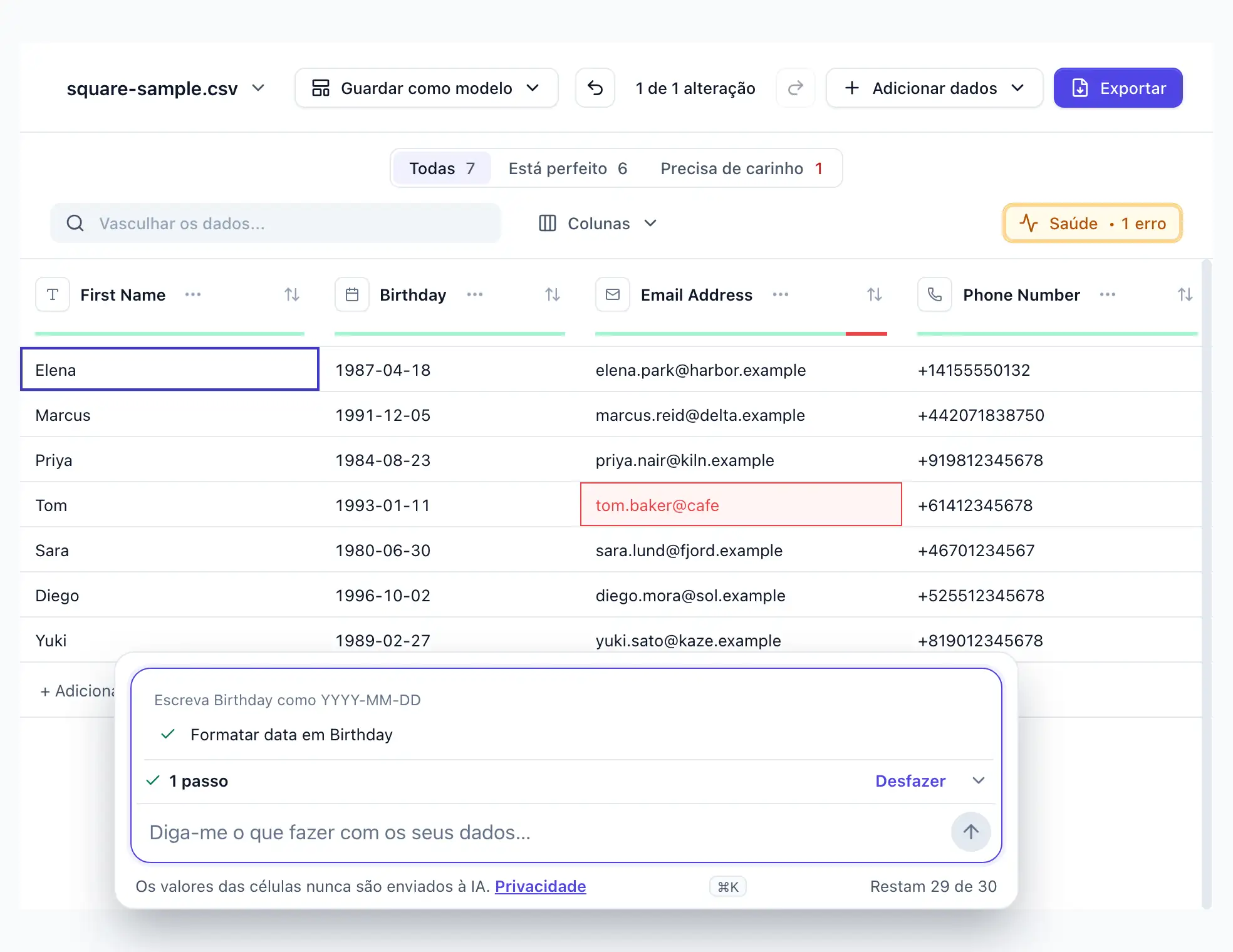 “Escreva Birthday como YYYY-MM-DD” digitada no DocTransform; um passo aplicado, sete datas de Birthday reescritas; Desfazer visível