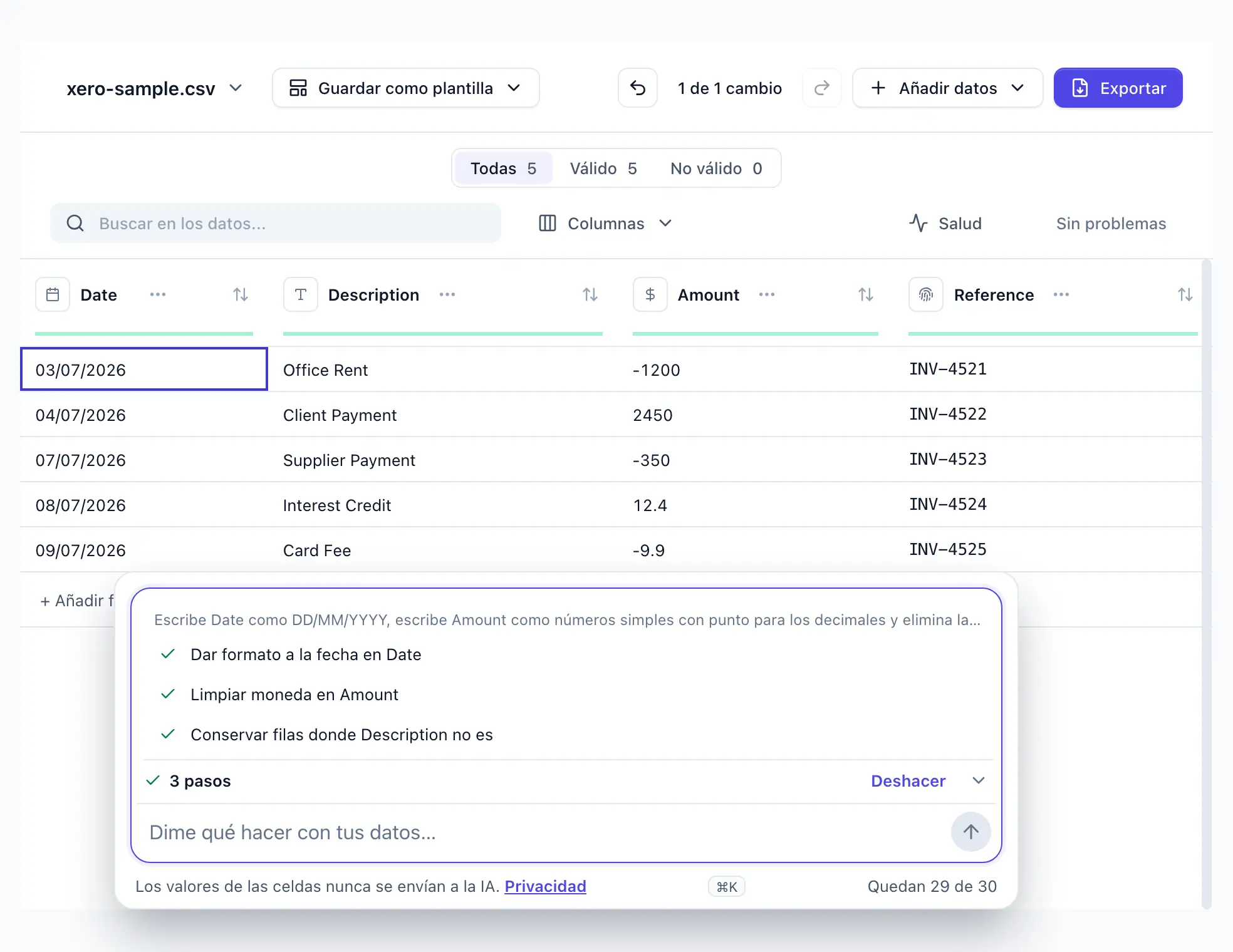 “Escribe Date como DD/MM/YYYY, escribe Amount como números simples con punto para los decimales y elimina las filas vacías” escrita en DocTransform; tres pasos aplicados, las fechas y los importes reescritos, dos filas vacías eliminadas; Deshacer visible