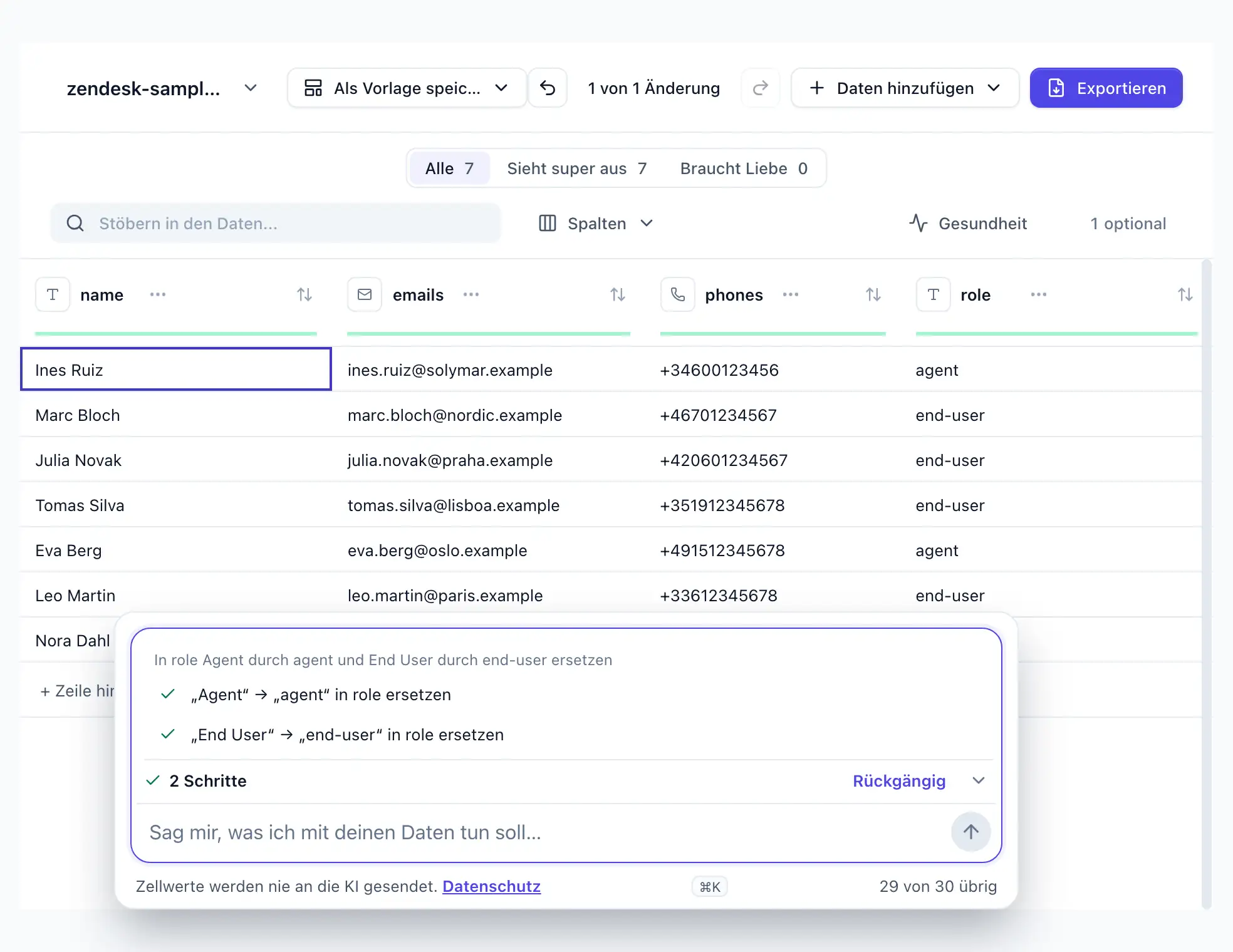 “In role Agent durch agent und End User durch end-user ersetzen” in DocTransform getippt; zwei Schritte angewendet, zwei Agent- und drei End-User-Zellen umgeschrieben; Rückgängig sichtbar