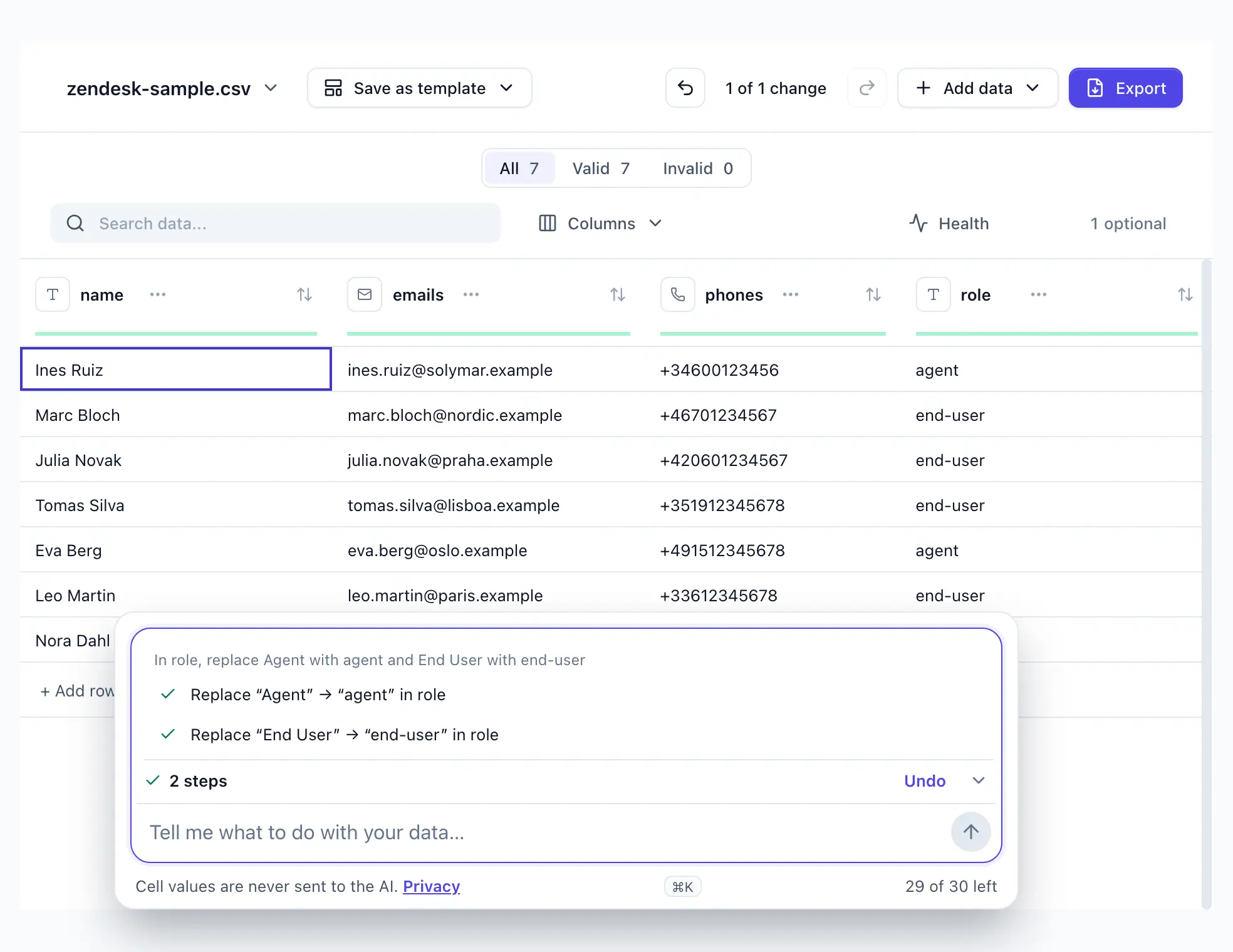 “In role, replace Agent with agent and End User with end-user” typed into DocTransform; two steps applied, two Agent and three End User cells rewritten; Undo shown