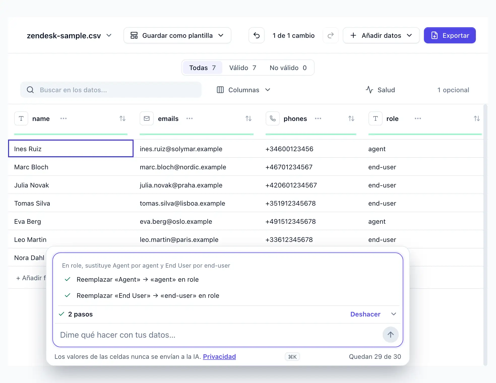 “En role, sustituye Agent por agent y End User por end-user” escrita en DocTransform; dos pasos aplicados, dos celdas Agent y tres End User reescritas; Deshacer visible