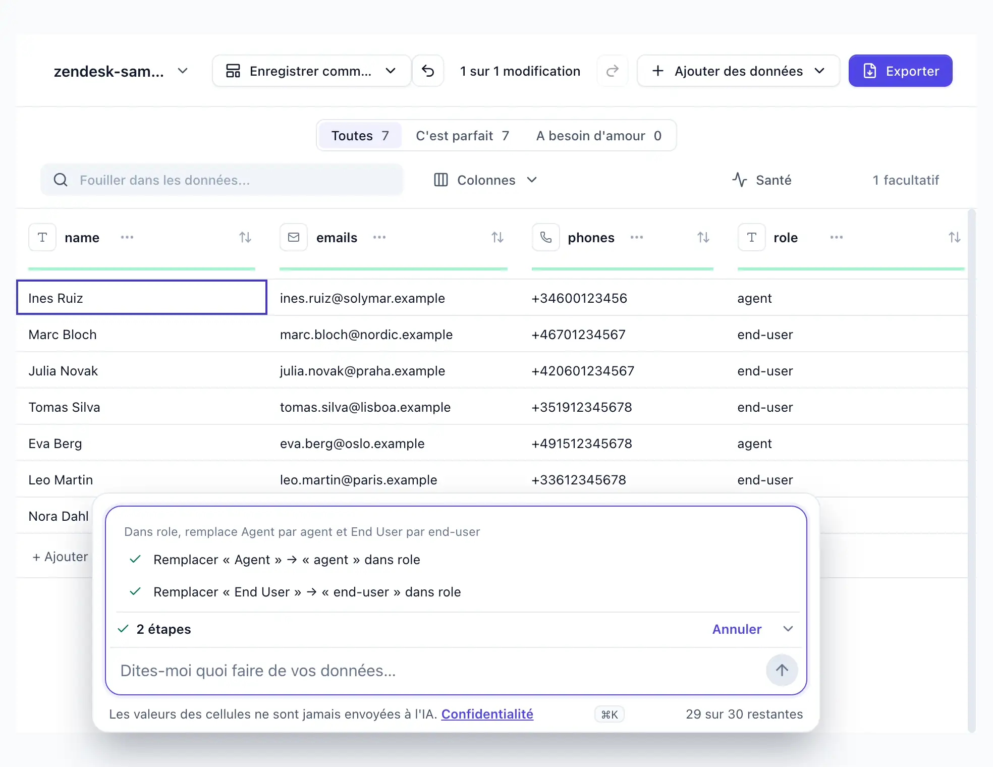 “Dans role, remplace Agent par agent et End User par end-user” saisie dans DocTransform ; deux étapes appliquées, deux cellules Agent et trois End User réécrites ; Annuler affiché