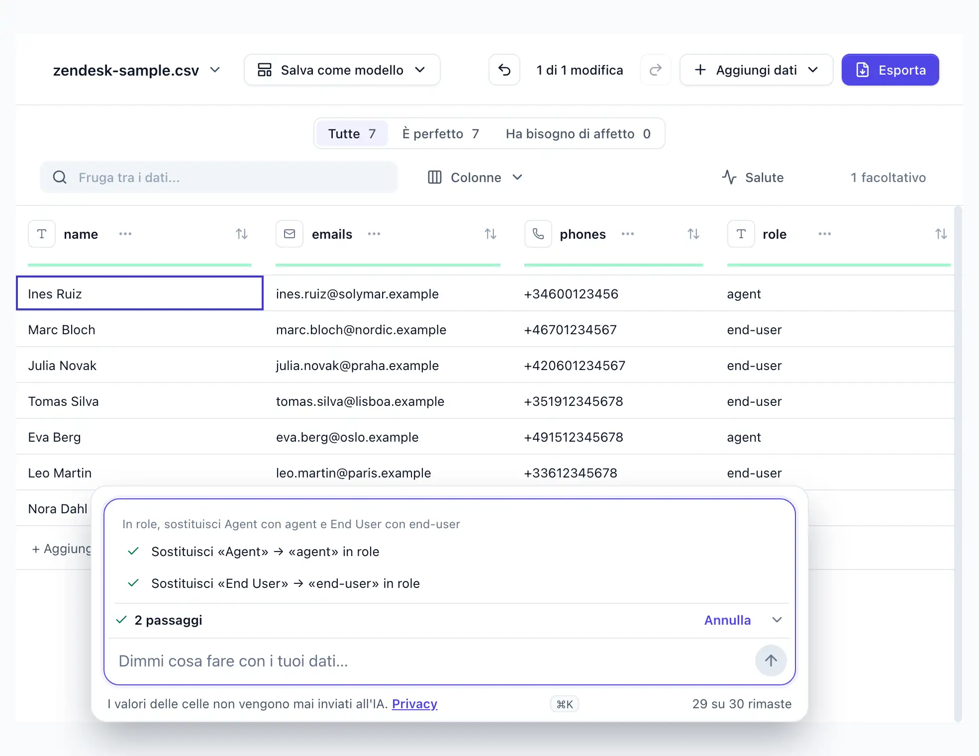“In role, sostituisci Agent con agent e End User con end-user” scritta in DocTransform; due passaggi applicati, due celle Agent e tre End User riscritte; Annulla visibile