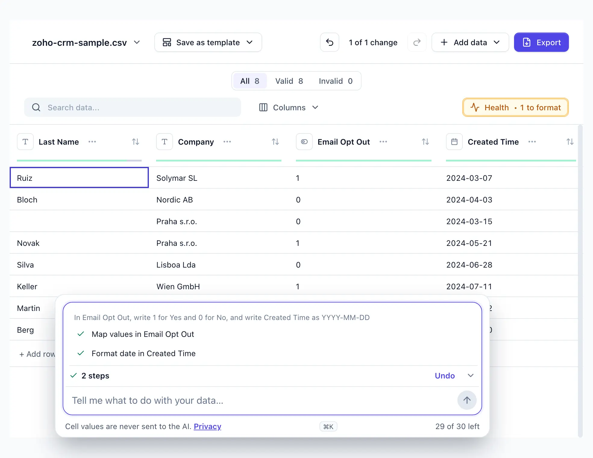 “In Email Opt Out, write 1 for Yes and 0 for No, and write Created Time as YYYY-MM-DD” typed into DocTransform; two steps applied, eight Email Opt Out cells and seven Created Time dates rewritten; Undo shown