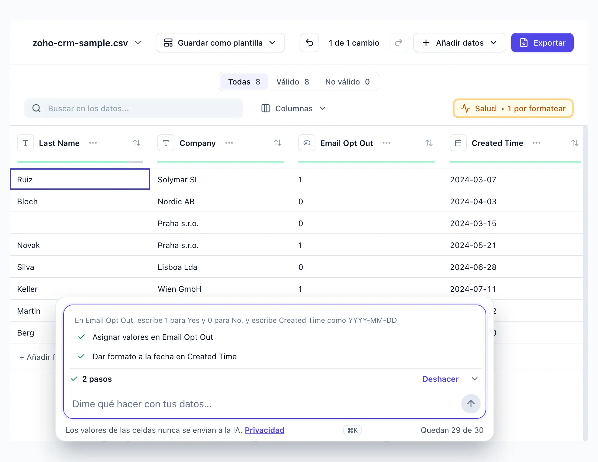 “En Email Opt Out, escribe 1 para Yes y 0 para No, y escribe Created Time como YYYY-MM-DD” escrita en DocTransform; dos pasos aplicados, ocho celdas de Email Opt Out y siete fechas de Created Time reescritas; Deshacer visible
