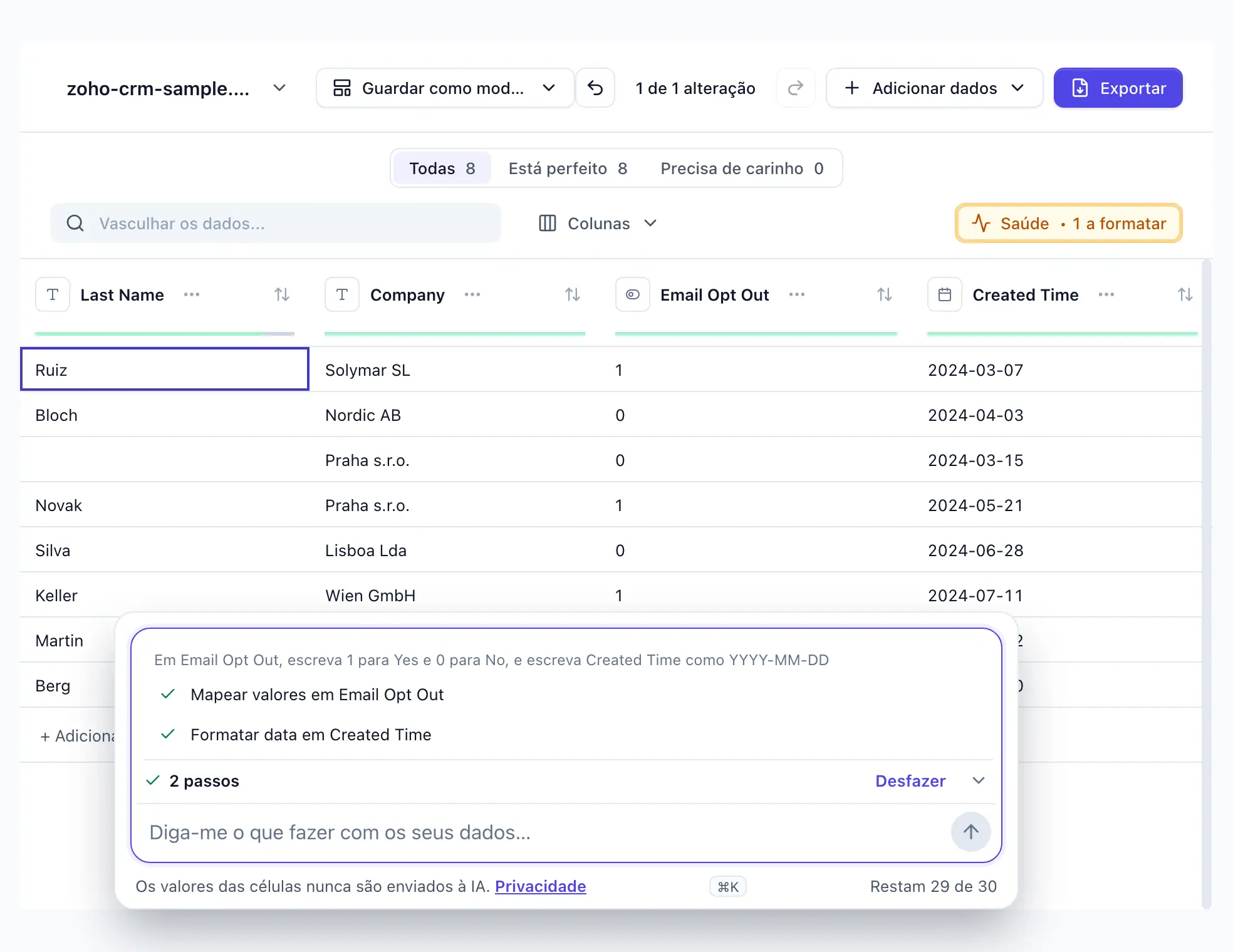 “Em Email Opt Out, escreva 1 para Yes e 0 para No, e escreva Created Time como YYYY-MM-DD” digitada no DocTransform; dois passos aplicados, oito células de Email Opt Out e sete datas de Created Time reescritas; Desfazer visível